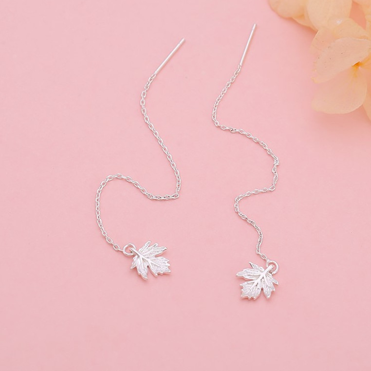 925 Sterling Silver Maple Leaf Pull Through Earrings Leaves Plants Threader PE62