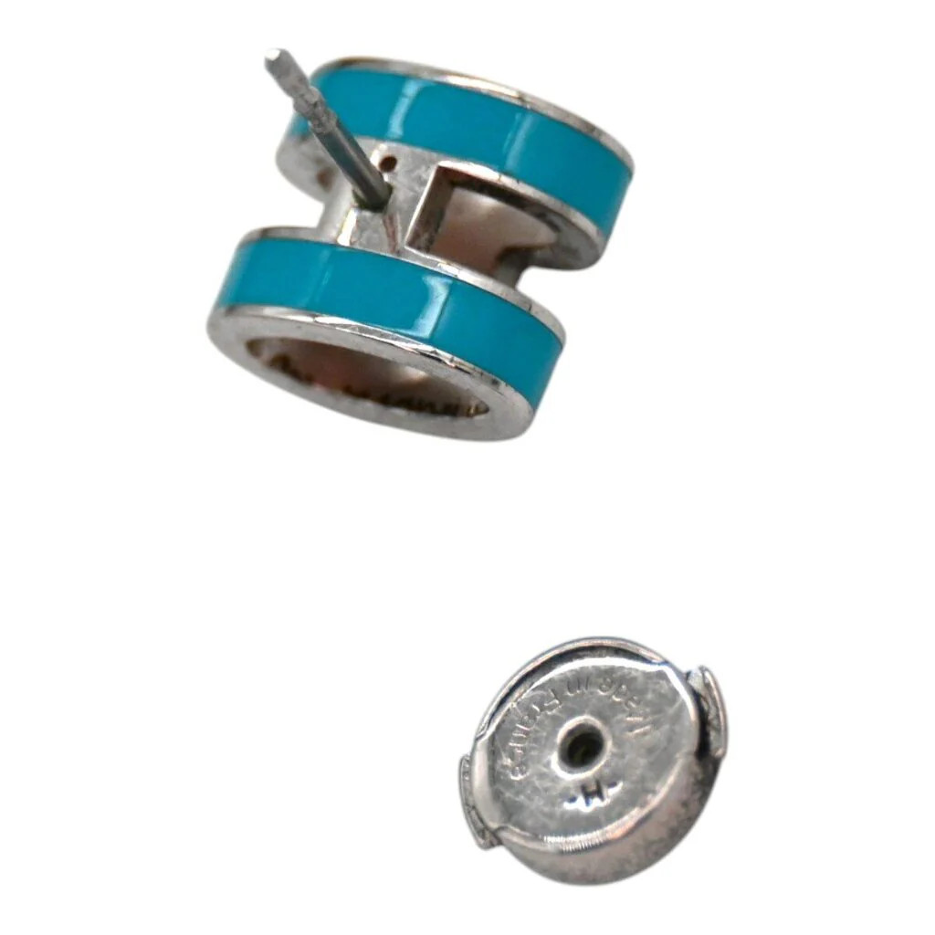 HERMÈS | Mini Pop H Blue Enamel Palladium Plated Stud Earrings