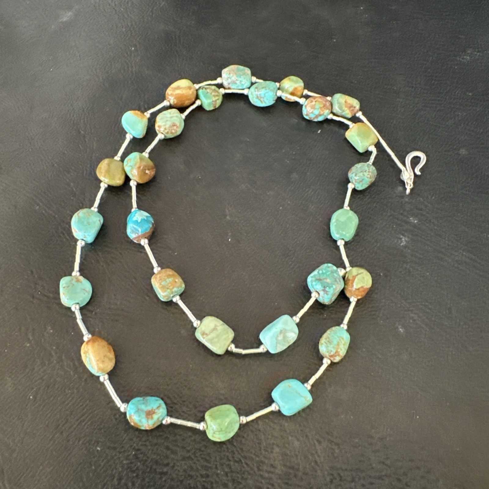Green Turquoise Liquid Heishi Sterling Silver Nugget 20″ Necklace 19046