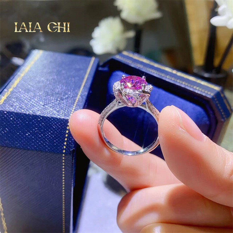 Round Pink Moissanite Women Ring Band 1CT 2CT VVS1/D Real 925 Silver Pass Tester
