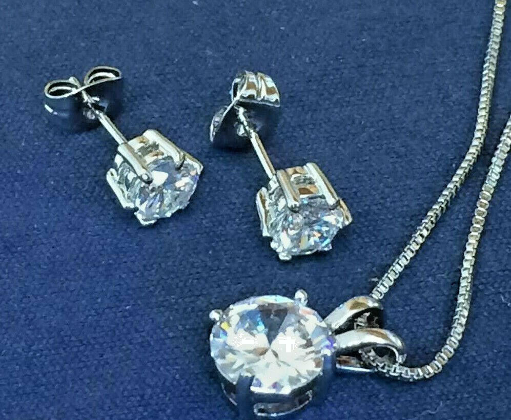 Pendant, Earring & Necklace 18k White Gold Plated 44cm Long 1mm Width