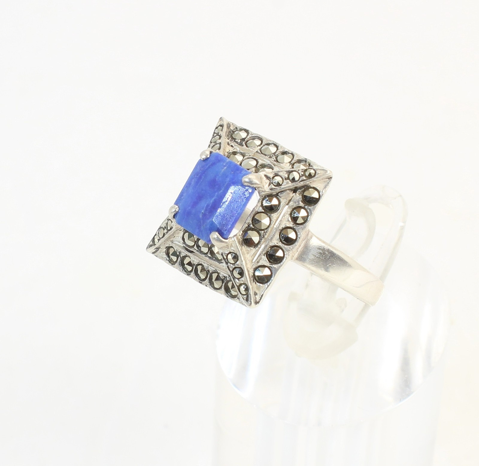 Vintage Blue Sodalite + Marcasite Sterling Silver Ladies Cocktail Ring Size 8