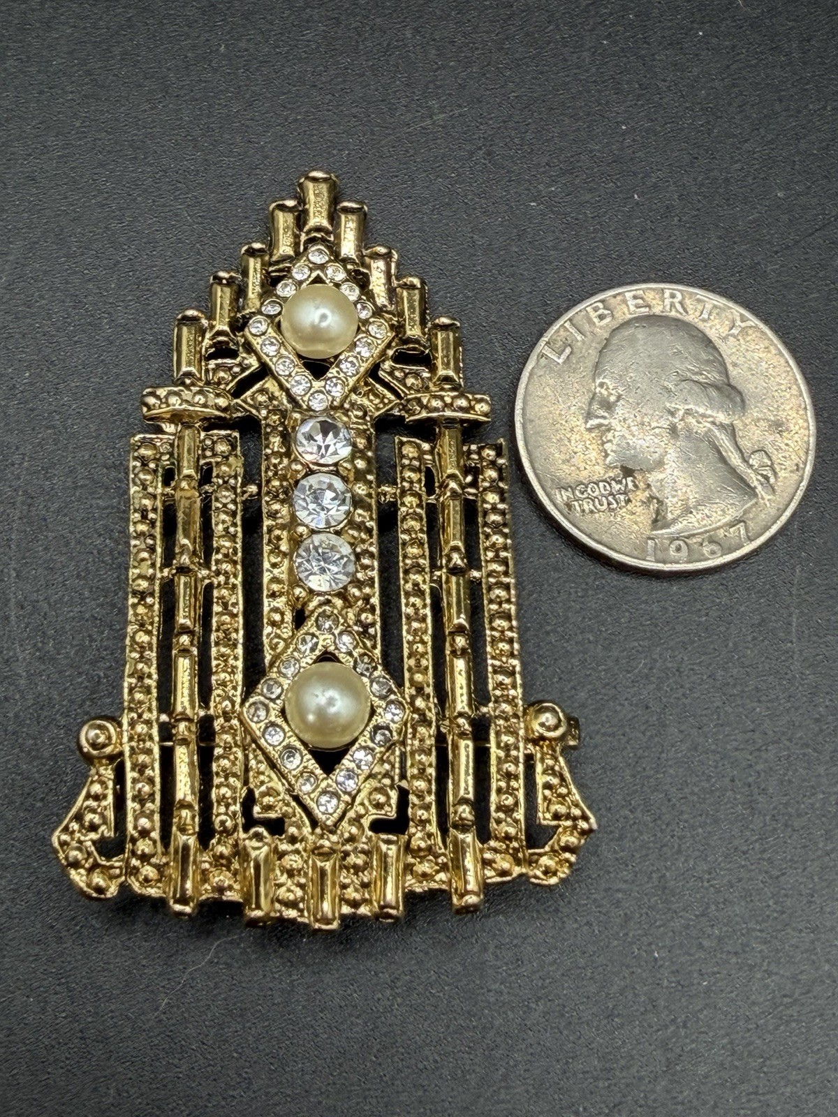 Vintage Art Deco Reproduction 1980’s Brooch Pin Skyscraper Gold Tone