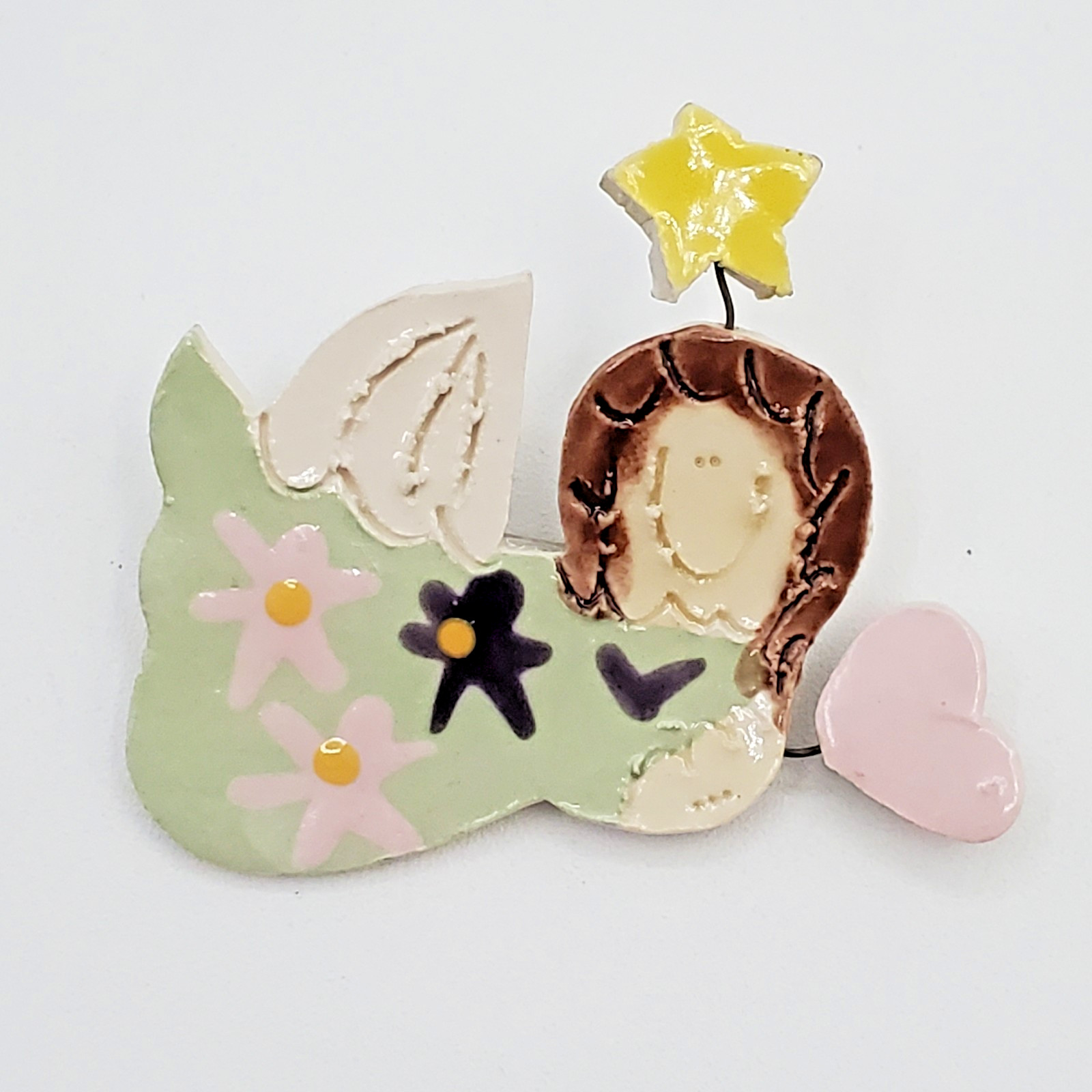 Hand Crafted Angel Brooch 2in Painted Ceramic Floating Heart Star Artisan Pin