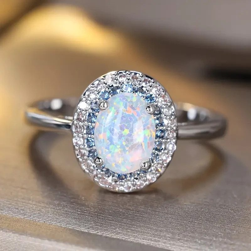 Elegant 925 Sterling Silver Fire Rainbow Opal Blue Topaz Engagement Ring Size 7
