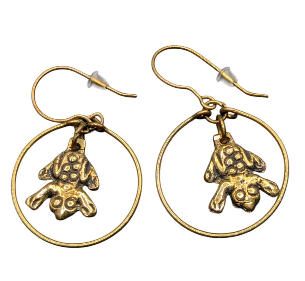Brass Or Gold Tone Whimsical Frog Animal Charm Hoop Dangle Boho Earrings