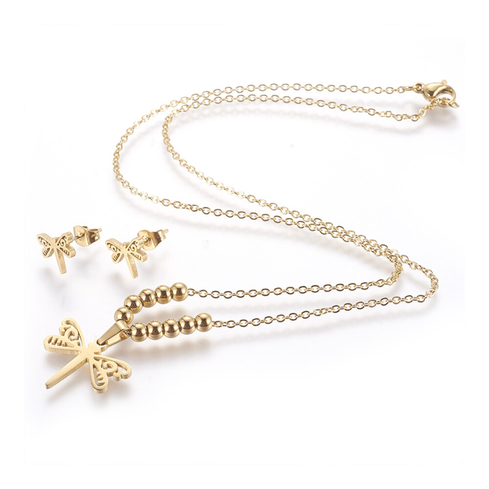 Stainless Steel Set Earrings Pendant Necklace Dragonfly Gold 18″ P865