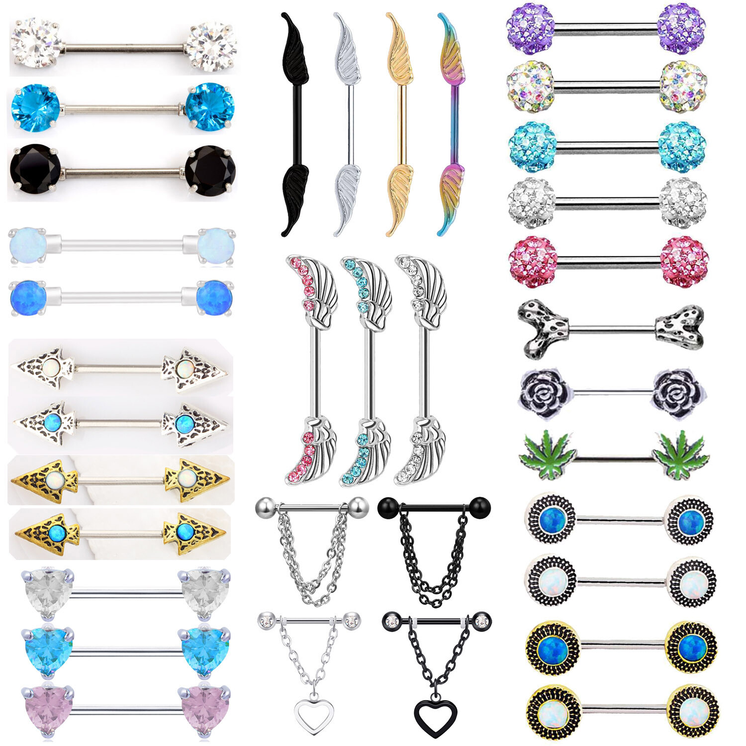 2pcs 14G Nipple Rings Tongue Rings Surgical Steel Straight Barbell CZ Piercing