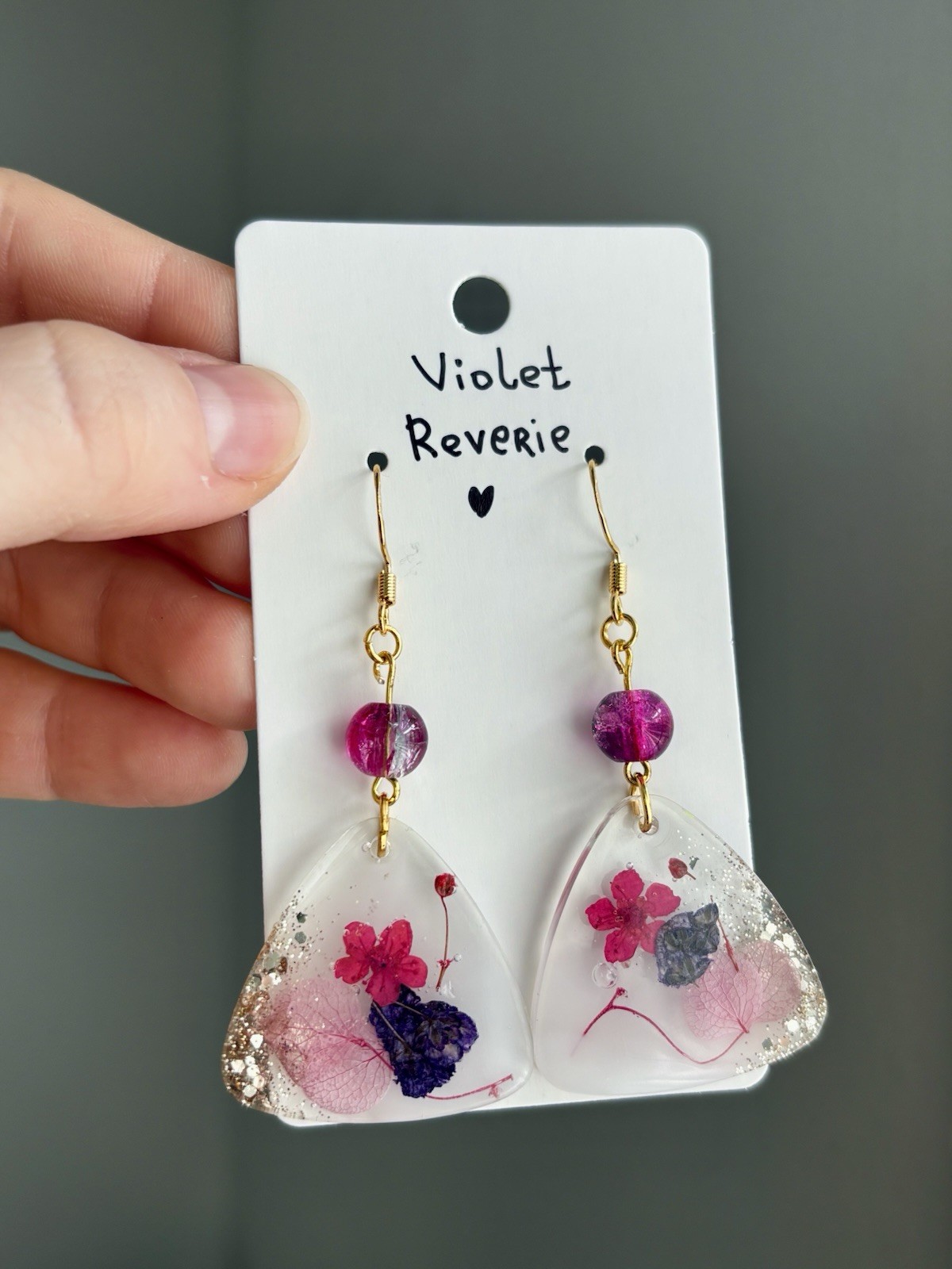 Violet Reverie Resin Earrings Handmade Real Pressed Flowers Pink Purple Gold