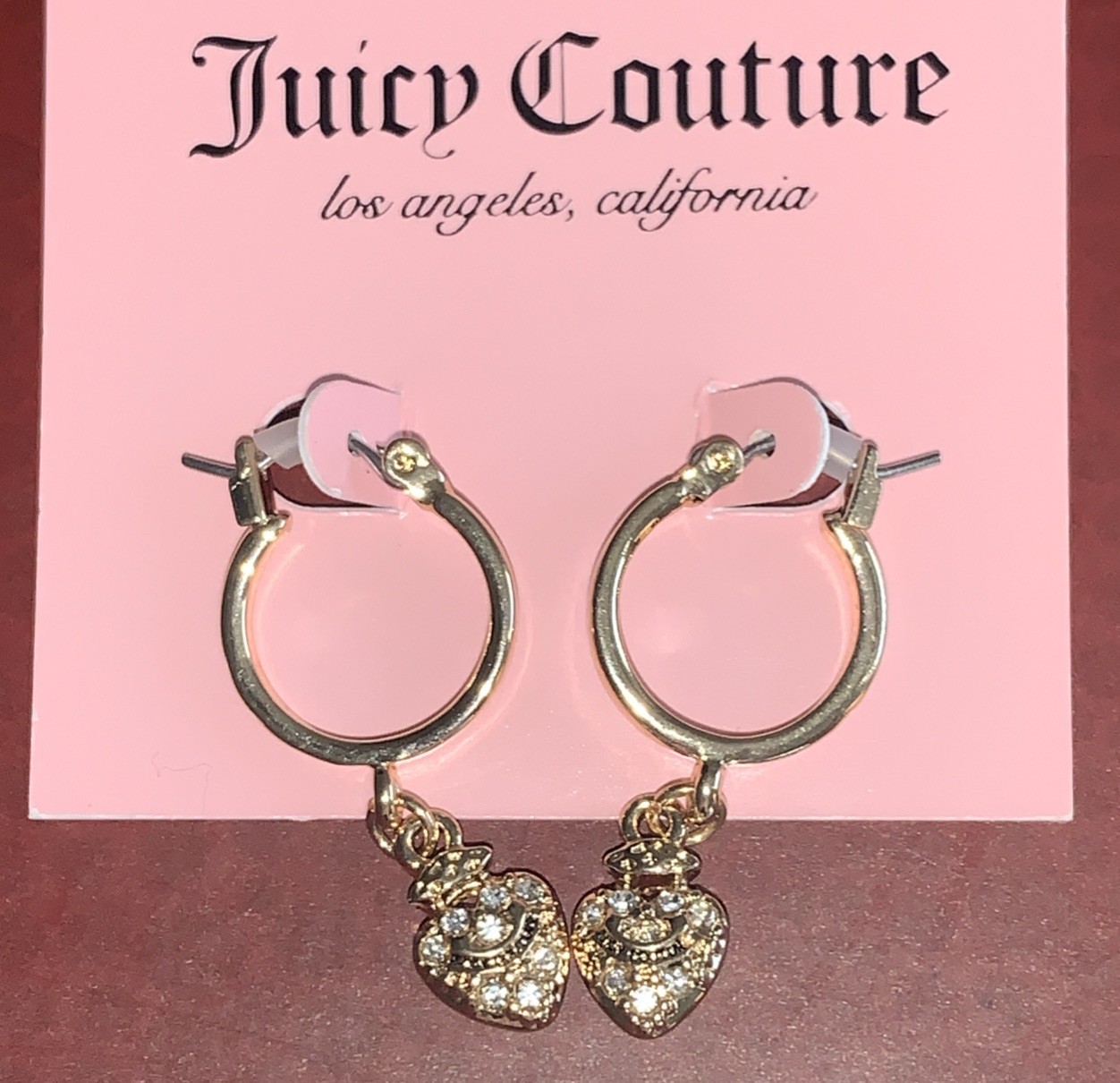 NEW JUICY COUTURE earrings small HOOP with hanging heart, latch back G/T new