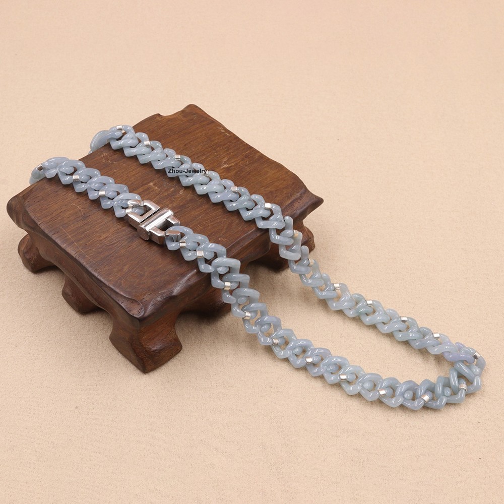 Natural Blue Water Jadeite Cuban Link Chain Necklace -Authentic Gemstone Jewelry