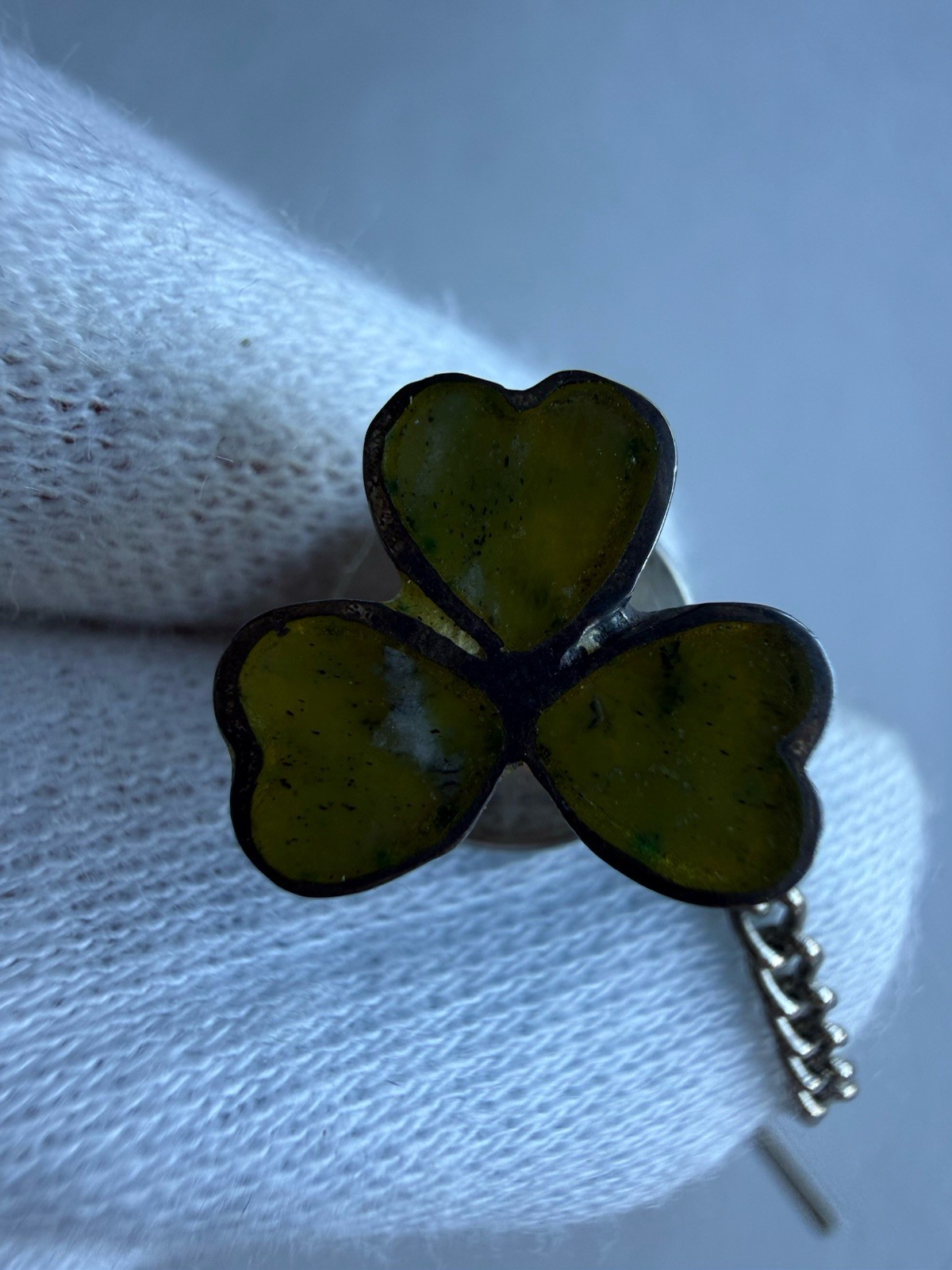 Vintage 925 Sterling Silver Green Shamrock Tie Tack Lapel Pin Silver Tone Chain
