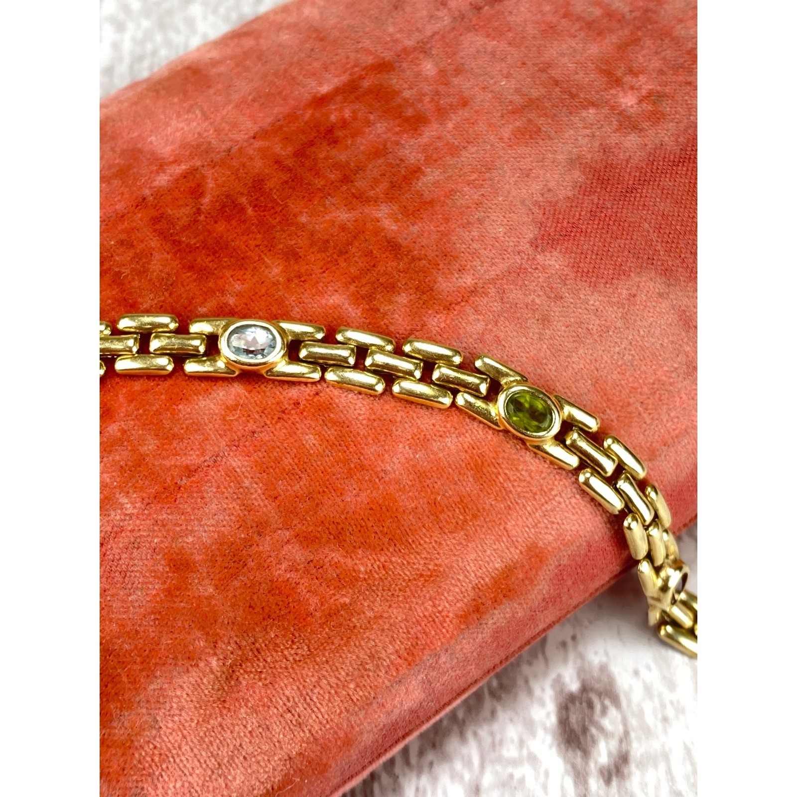 Estate 14k Yellow Gold Panther Link Multi Gemstone Rainbow Bracelet 7.25in