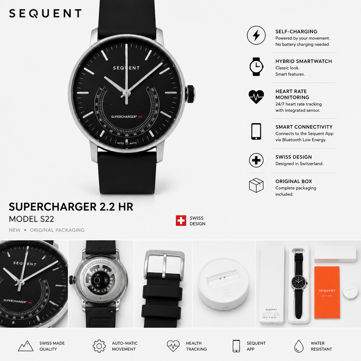 AUTOMATIC Smartwatch Sequent Supercharger HR 2.2 Deep Black Swiss NEW