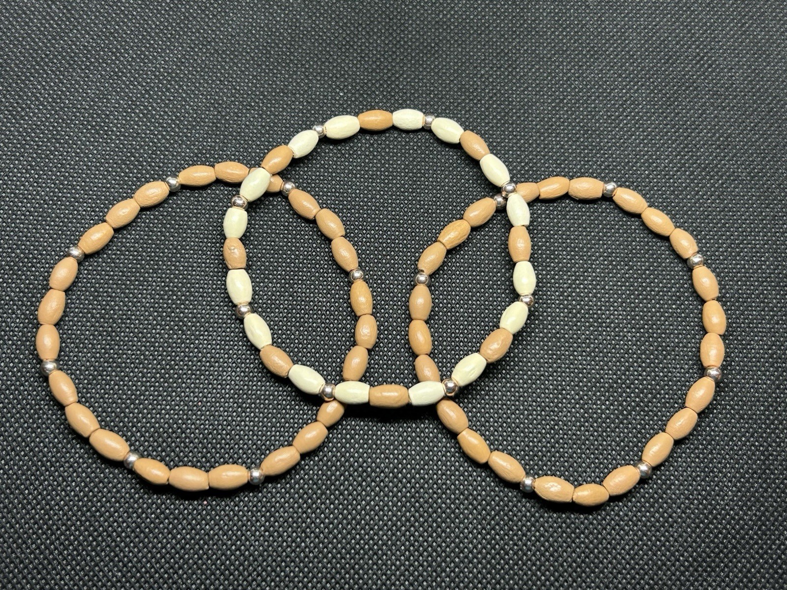 Tan & Ivory with Rose Gold accents Bamboo Wooden Beaded Bracelet Set Size Large