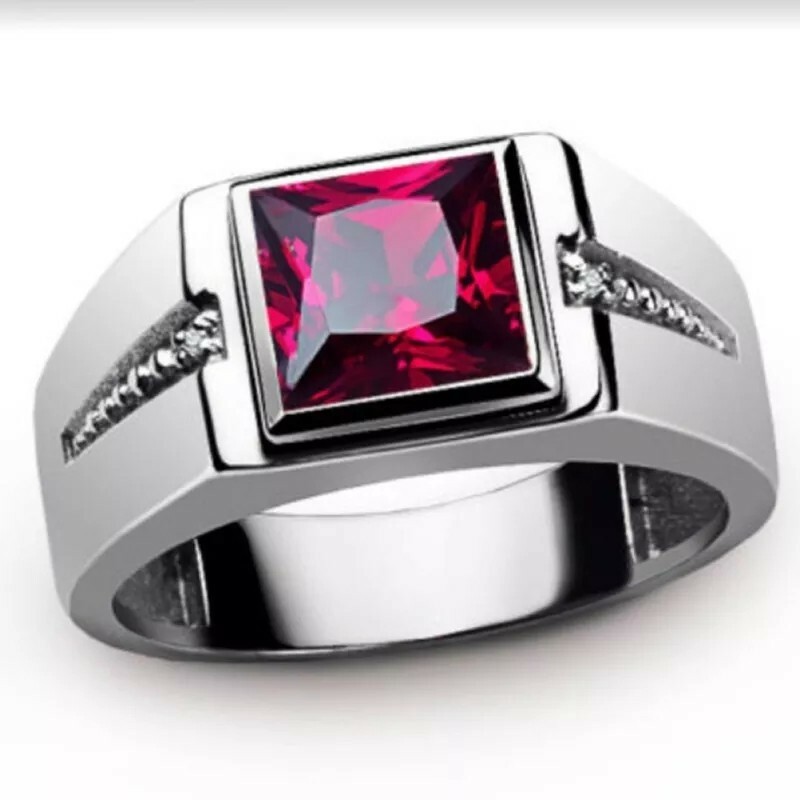 New Fashion Simple Engagement Jewelry Color Red Square Zircon Silver Metal Rings