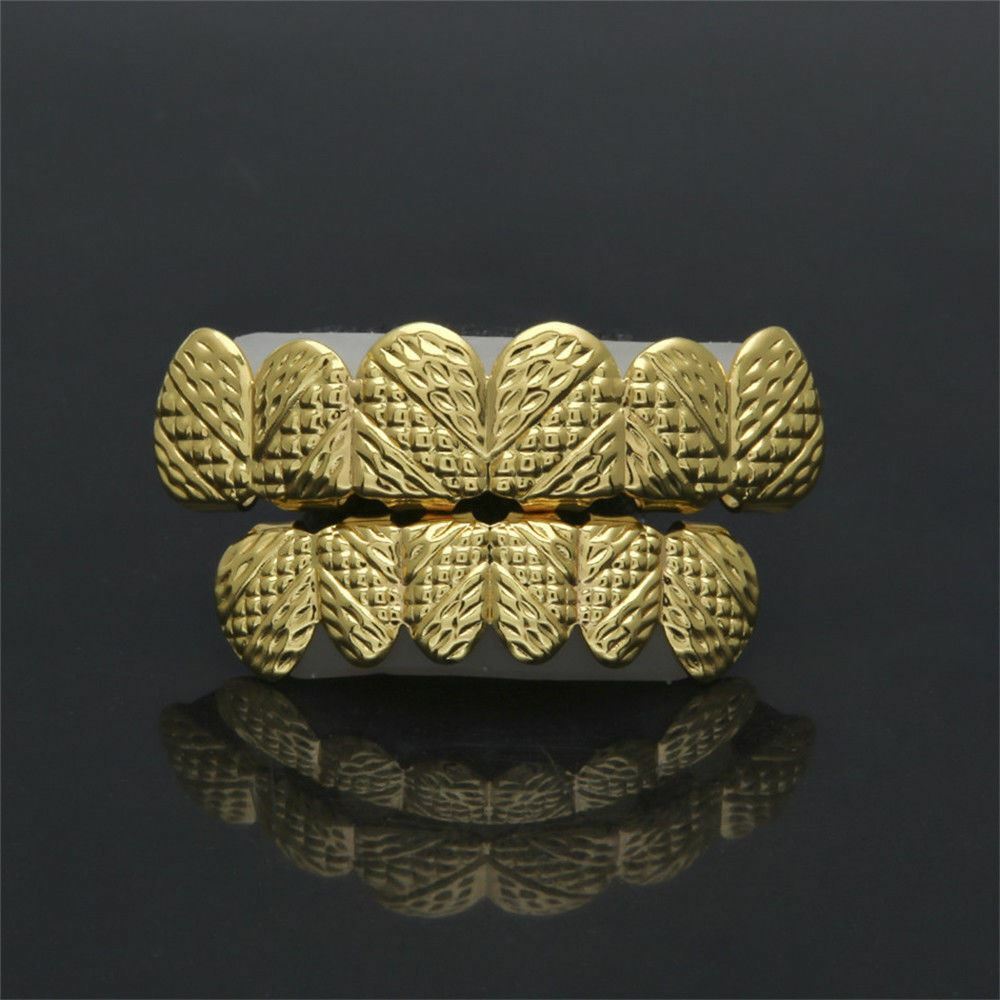 14K Gold Plated Dope Pattern Rapper Fashion Grillz Set w/ Custom Fit Molding Kit