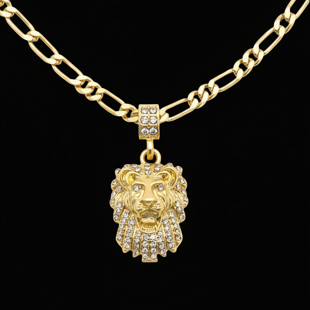 Mens Gold Tone Cz Lion Face Pendant Hip-hop 5mm 24″ Figaro Necklace