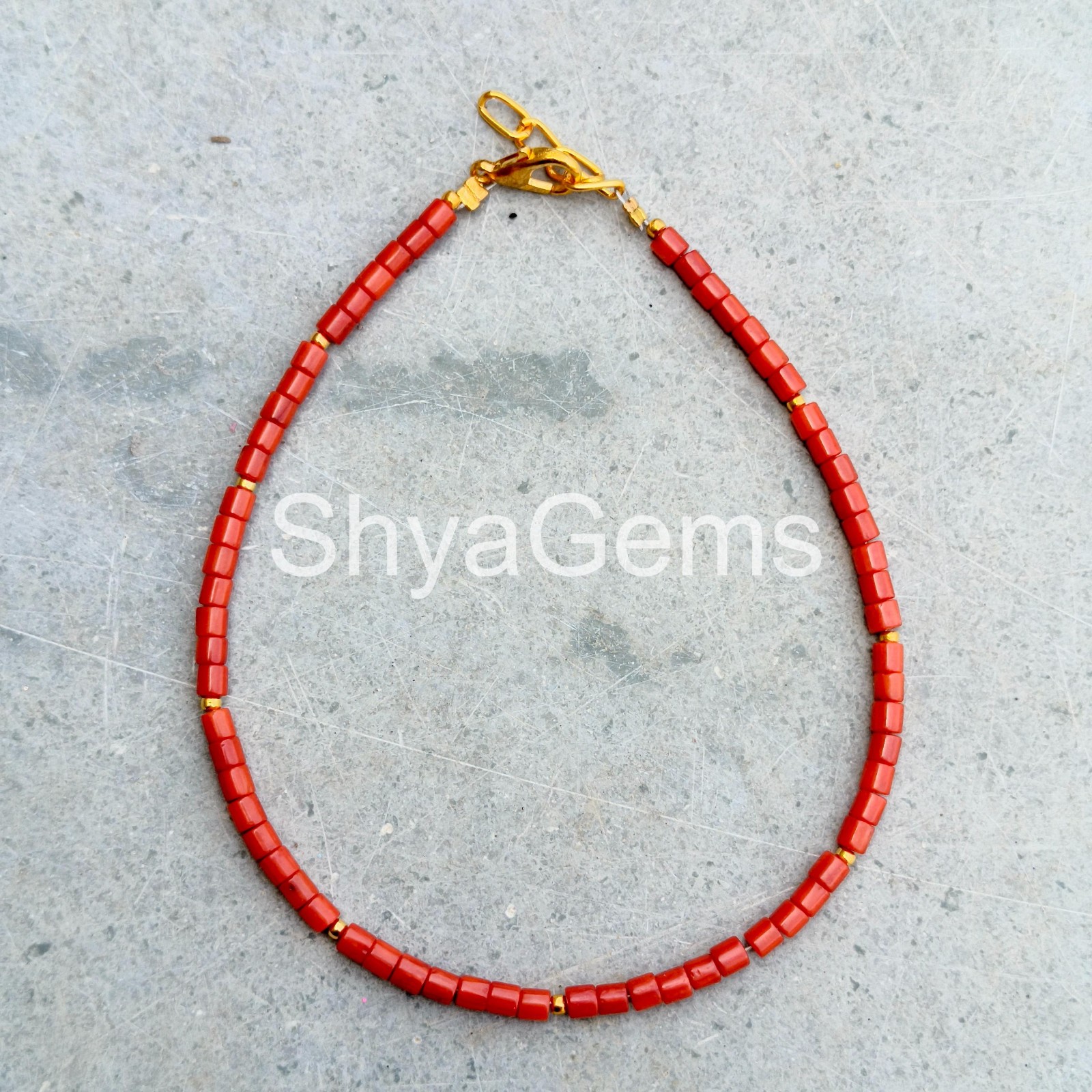 Red Coral Tube Bead Anklet, Dainty Beaded Bracelet, Sterling Silver Clasp