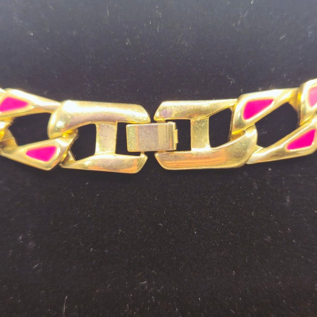 Vintage Gold Tone and Pink/Red Enamel Chunky Chain Link Choker Necklace