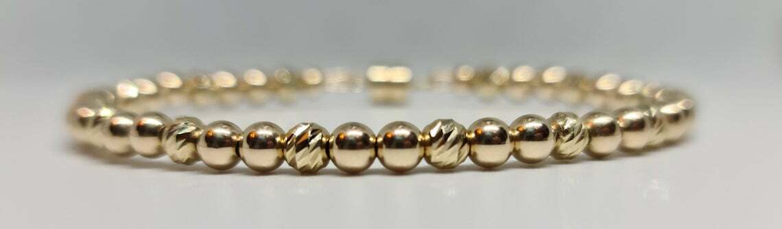 14K Solid Yellow Gold Bar Cut Faceted/Smooth Round 4mm Magnetic Unisex Bracelet