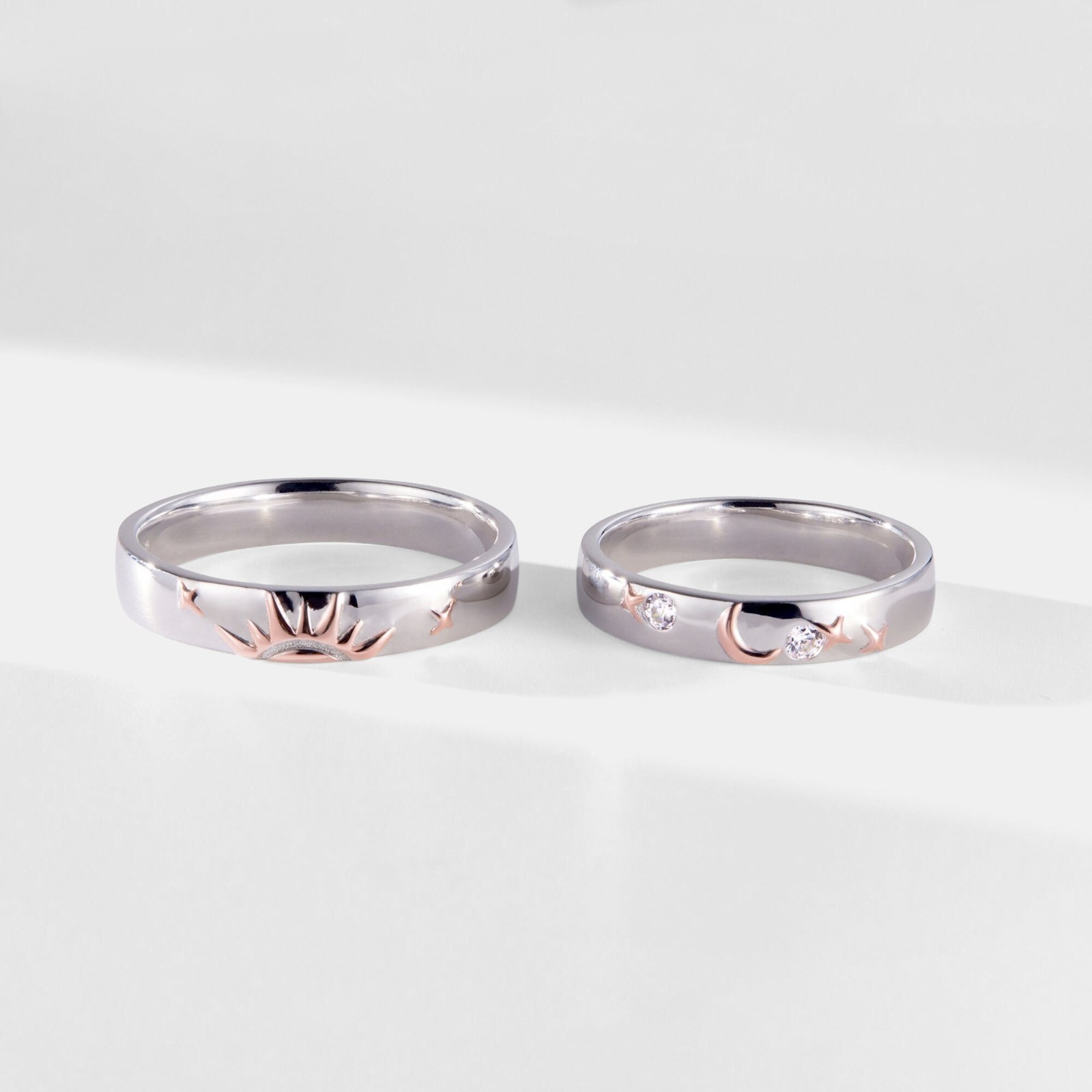 Sun Moon Star Couple Wedding Band Ring in 925 Sterling Silver