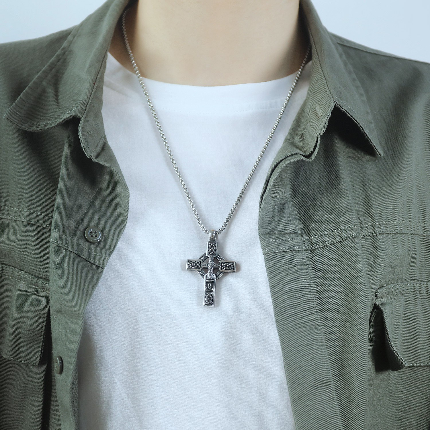 Stainless Steel Celtic Knot Cross Pendant Necklace Vintage Knot Chain for Men