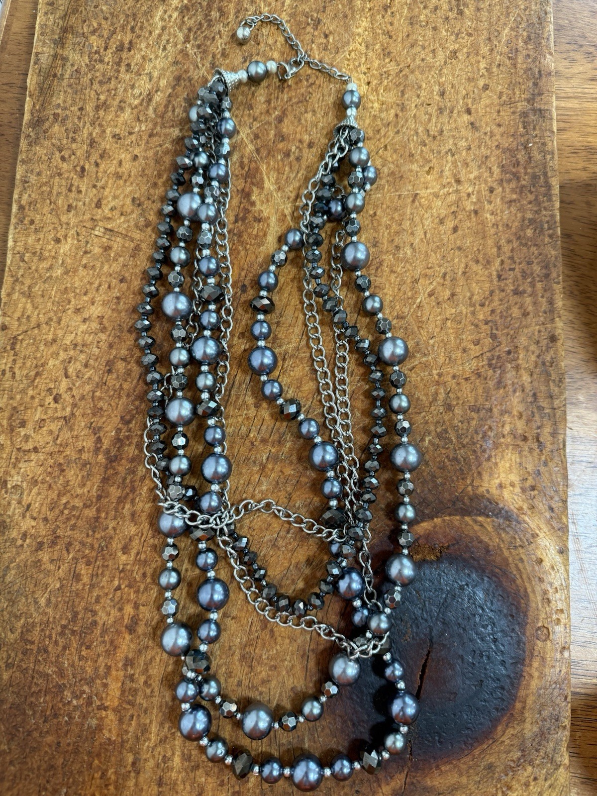 Gray Layered Faux Pearl & Crystal Beaded Cable Chain Necklace Lobster Clasp