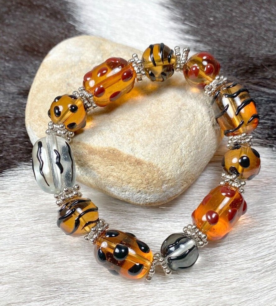 Animal Print Bracelet Leopard Brown Black Beaded Stretch Bracelet for Women