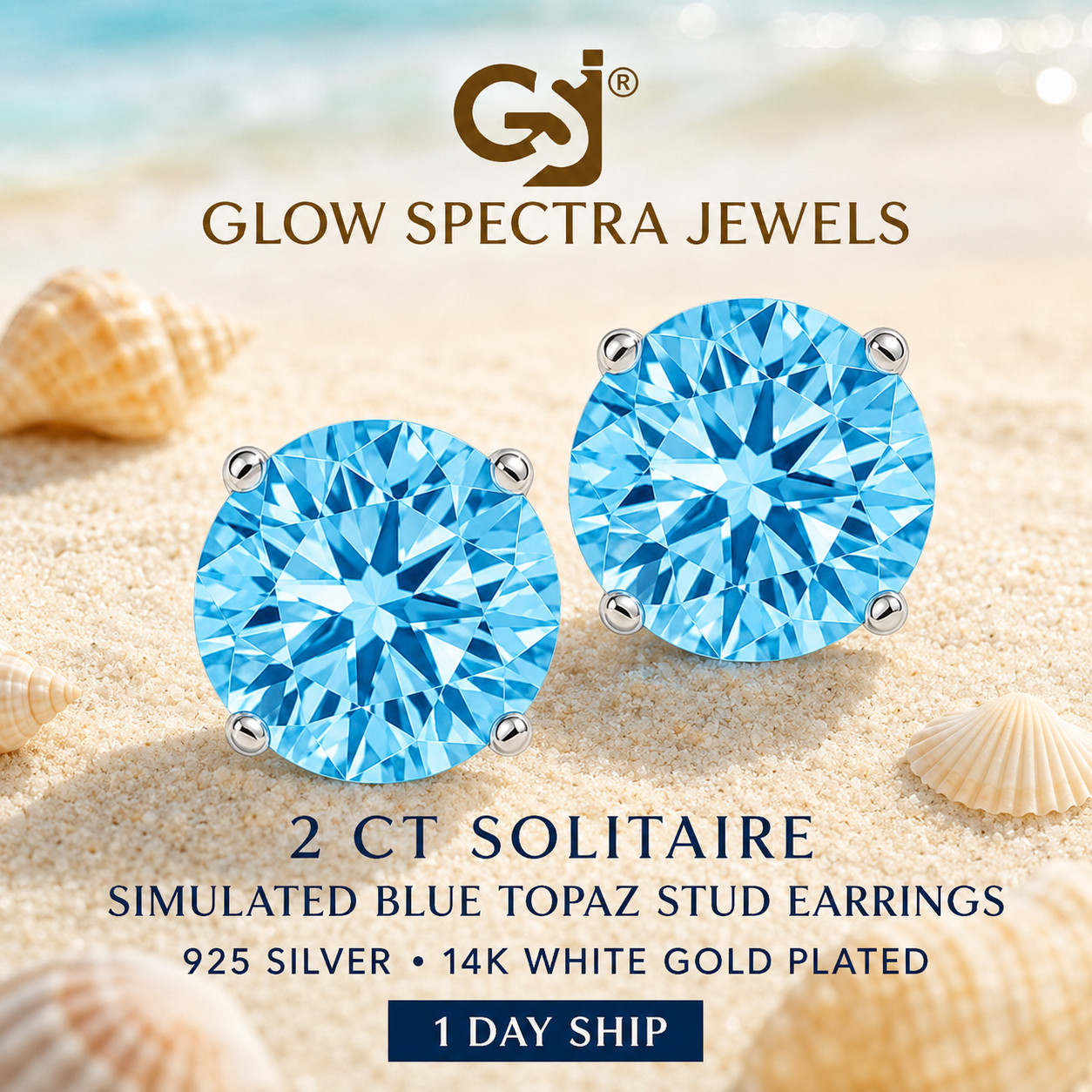 2.00CT Solitaire Blue Topaz Stone Stud Erring 925 Silver 14k White Gold Plated