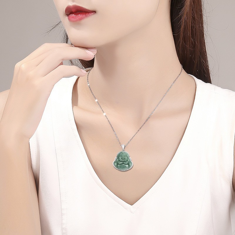 Natural A Grade Bean Jade Laughing Buddha S925 Silver Pendant Women Holiday Gift