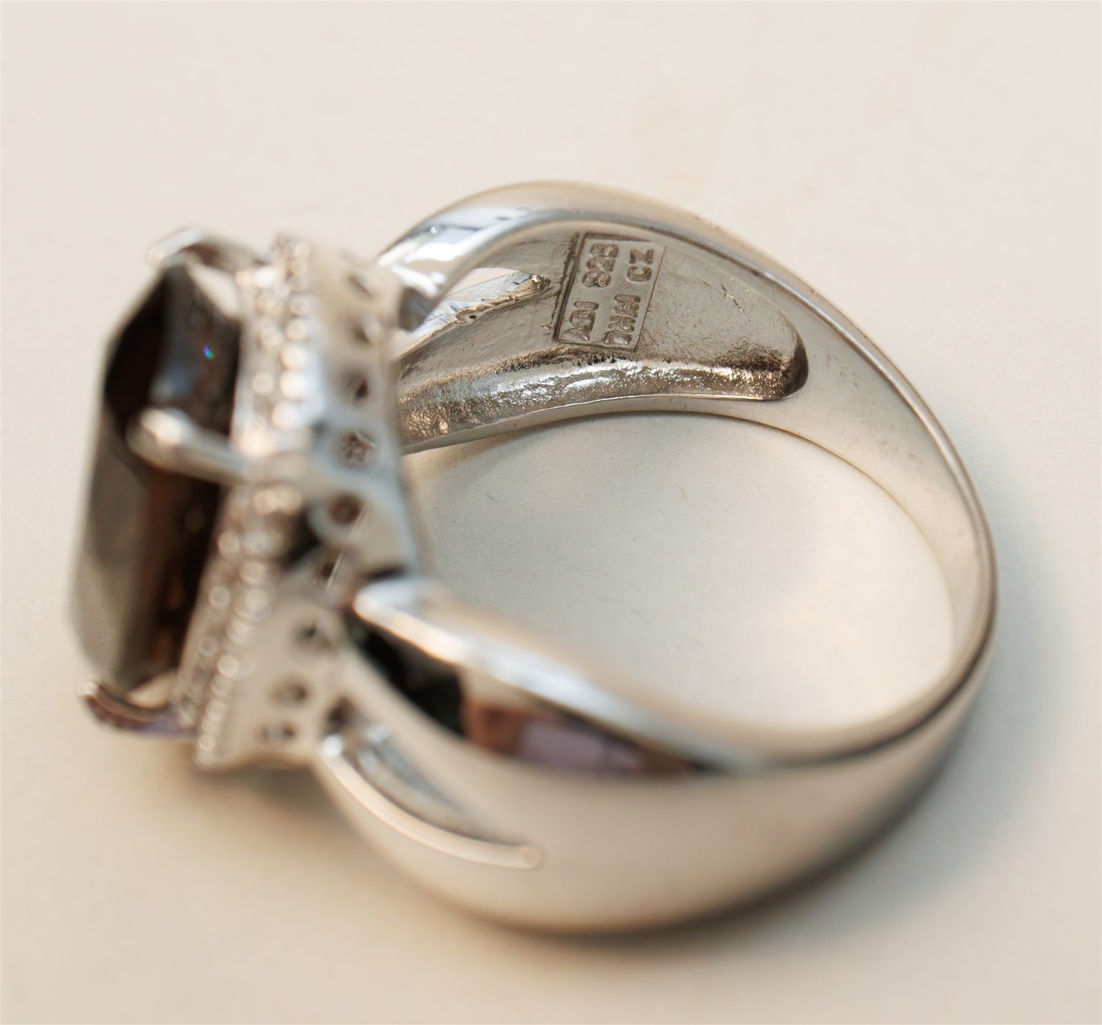 Size 8.75 Brown Smoky Quartz Cocktail CZ Halo Sterling Silver Ring