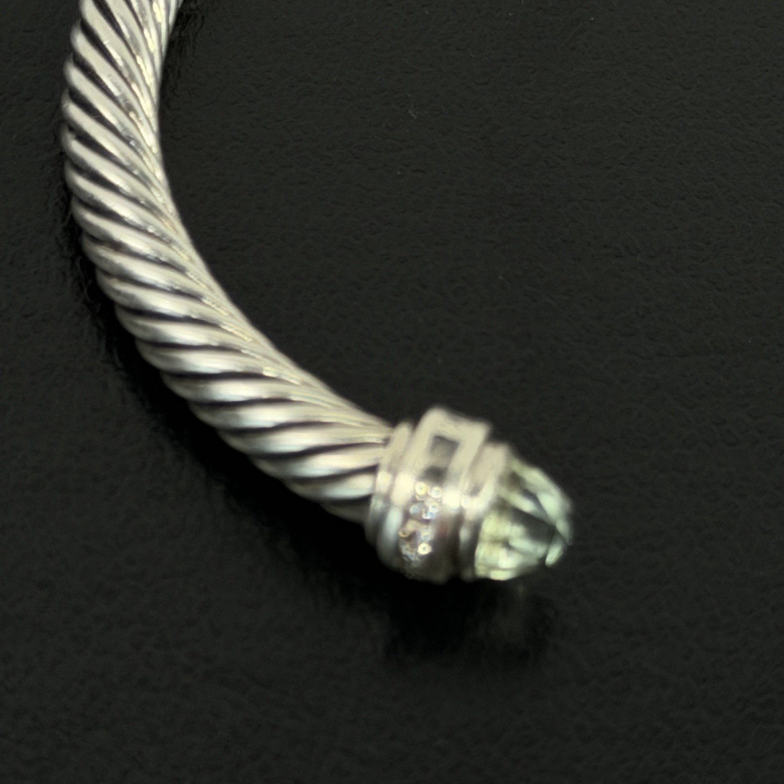 David Yurman Sterling Silver Prasiolite & Diamond Cable Cuff Bracelet 5 mm 6.5″
