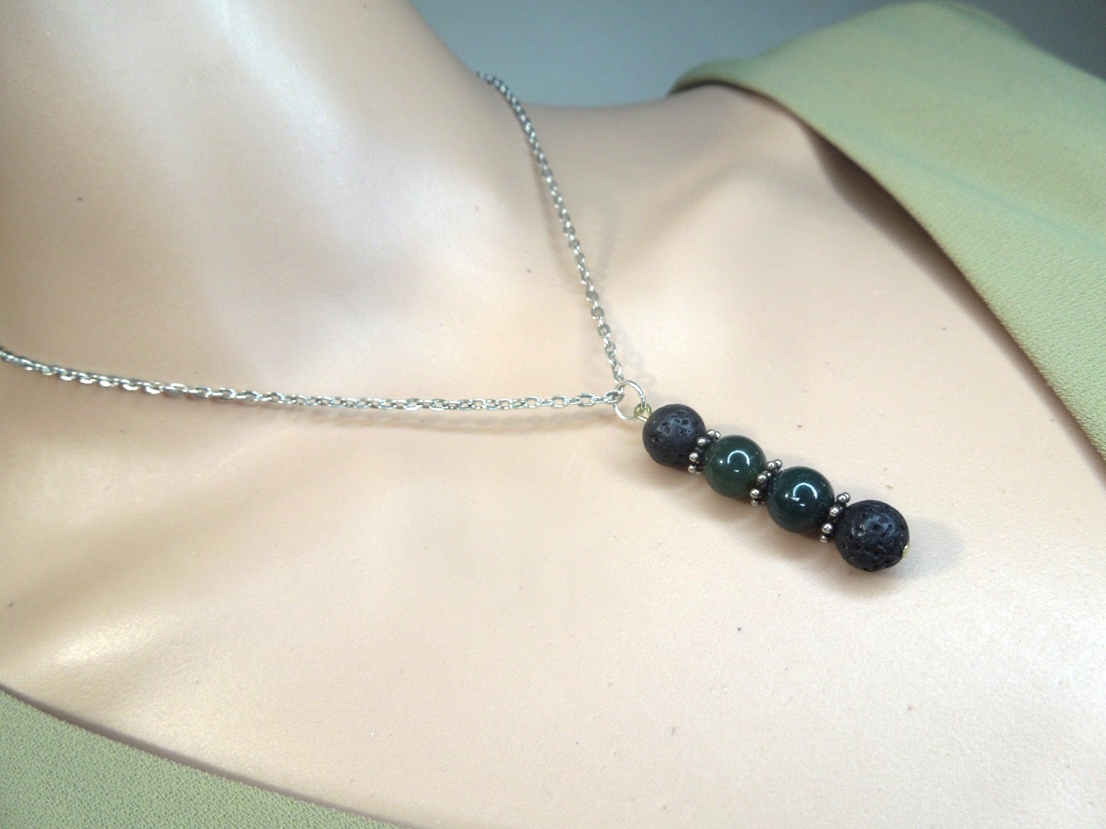 Black Gemstone Pendant Necklace Sterling Modern Style Lava stone Moss Agate