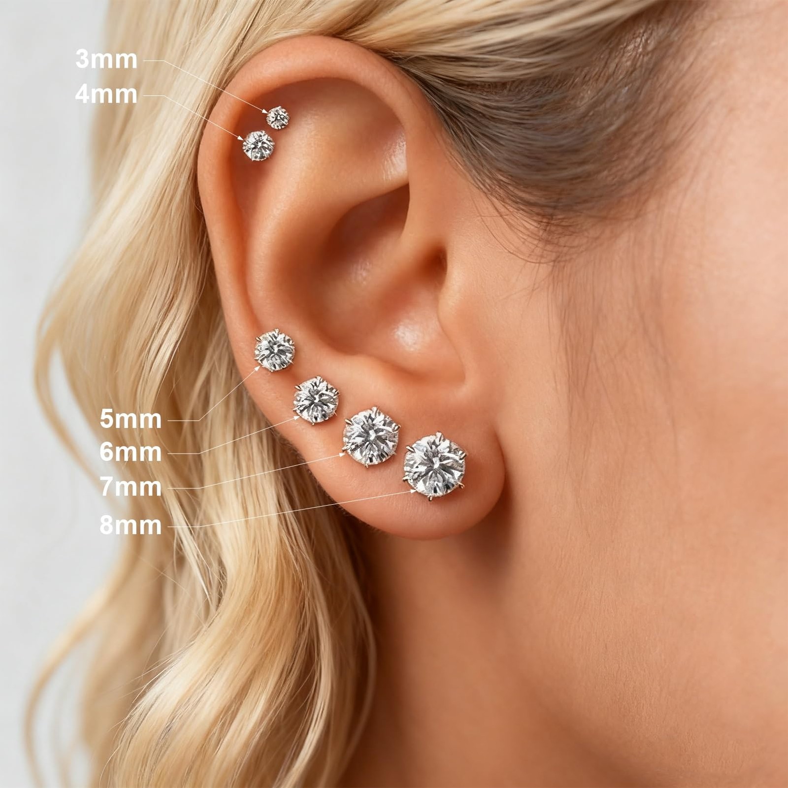 6 Pairs Stainless Steel Stud Earrings Set, 3-8mm 3mm to 8mm, Silver-6Pairs