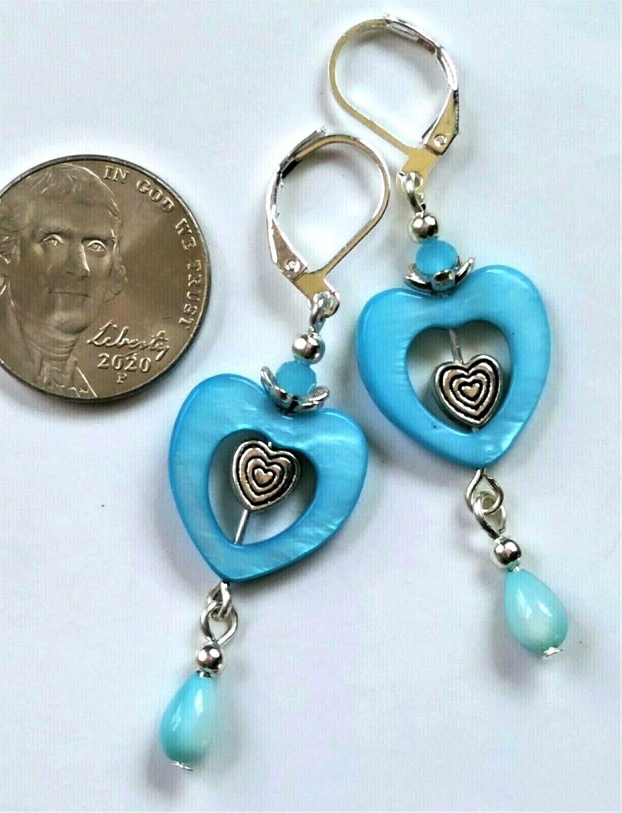 BLUE HEART SHELL dangle earring SP LEVERBACK artisan