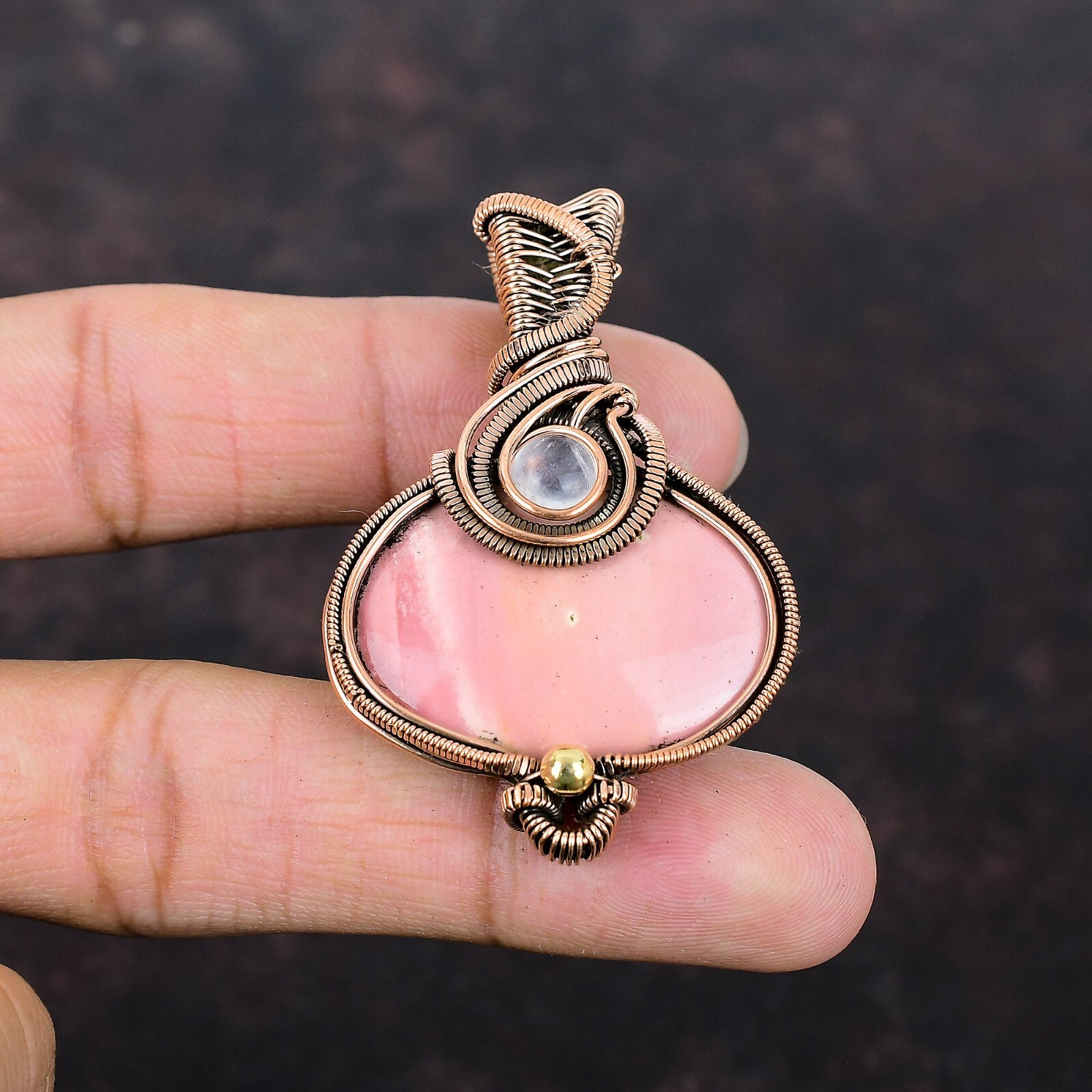 Pink Opal Gemstone Handmade Jewelry Copper Wire Wrapped Pendant For Women 2.32″