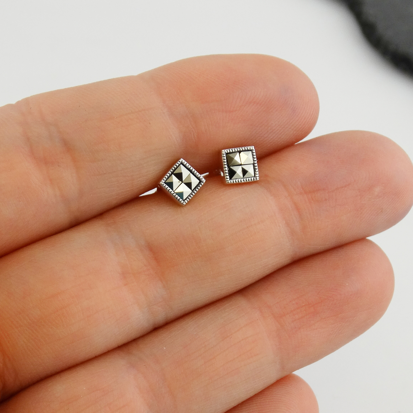 Square Marcasite Post Earrings – 925 Sterling Silver – Stud Squares Gift NEW
