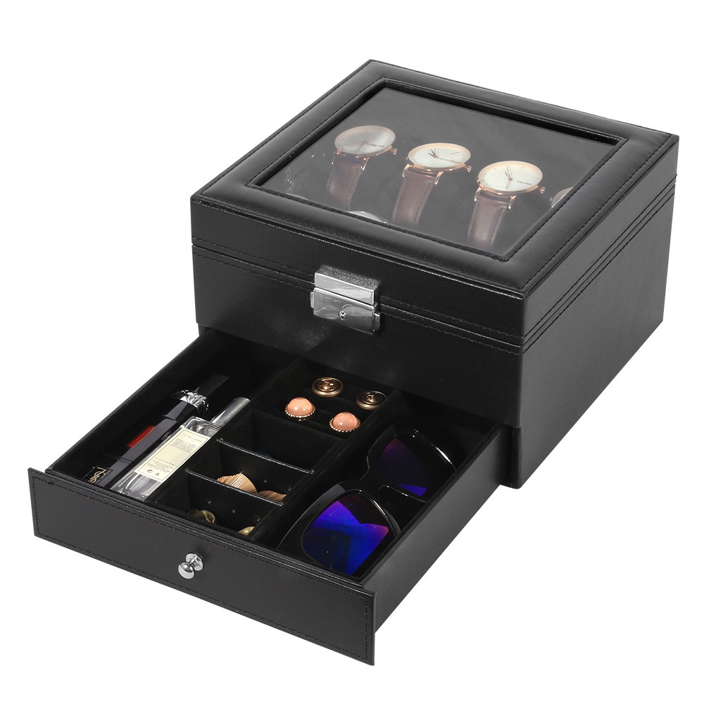 8 Slot PU Leather Watch Box Lockable Glass Top Display Case Jewelry Storage