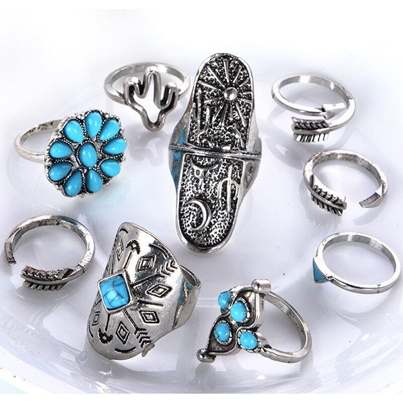 Bohemian 9 PC Ring Lot Ring Popular Silver Tone Boho Rings Set NEW