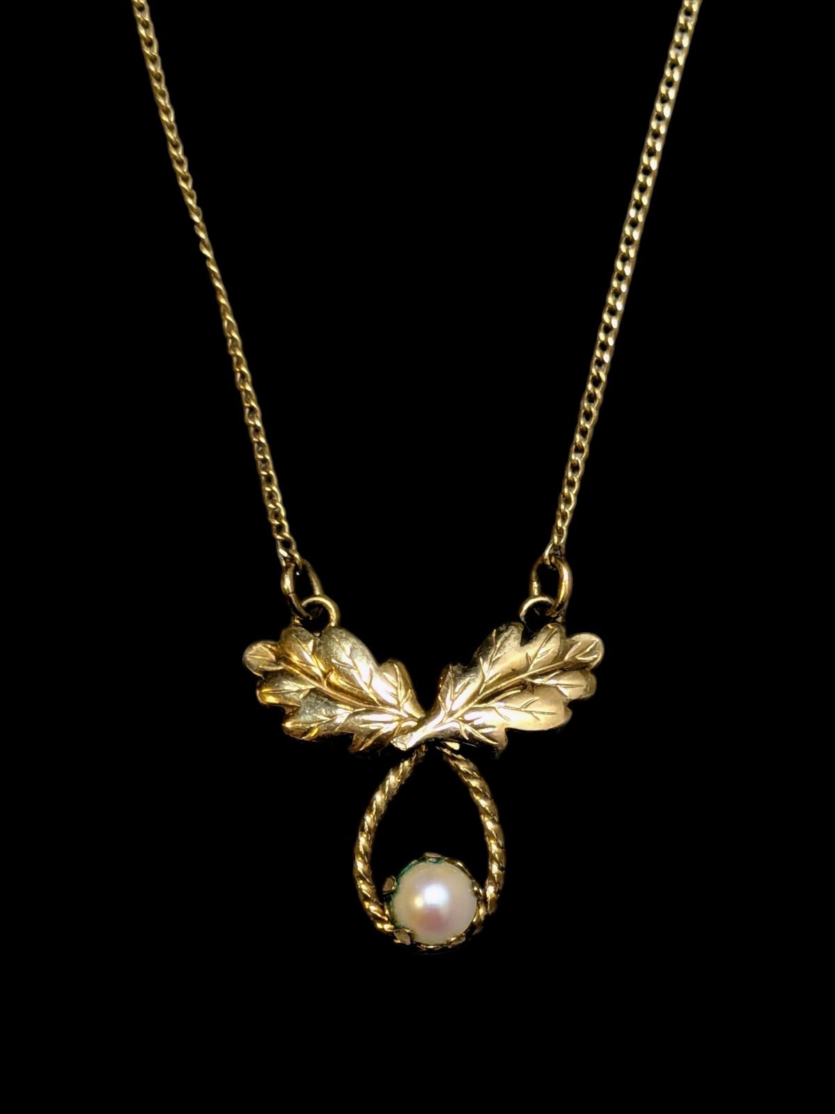 Vintage 12K GF Gold Filled Pearl Leaf Art Deco Choker Necklace 14″ Dainty