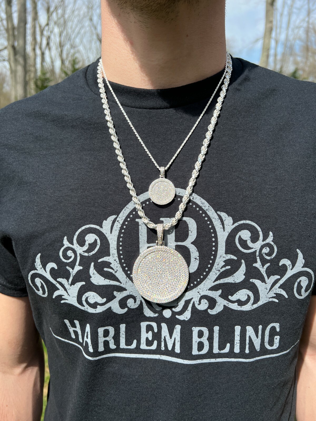 Solid 925 Silver Bling CZ Iced Round Hip Hop Dog Tag Medallion Pendant Necklace
