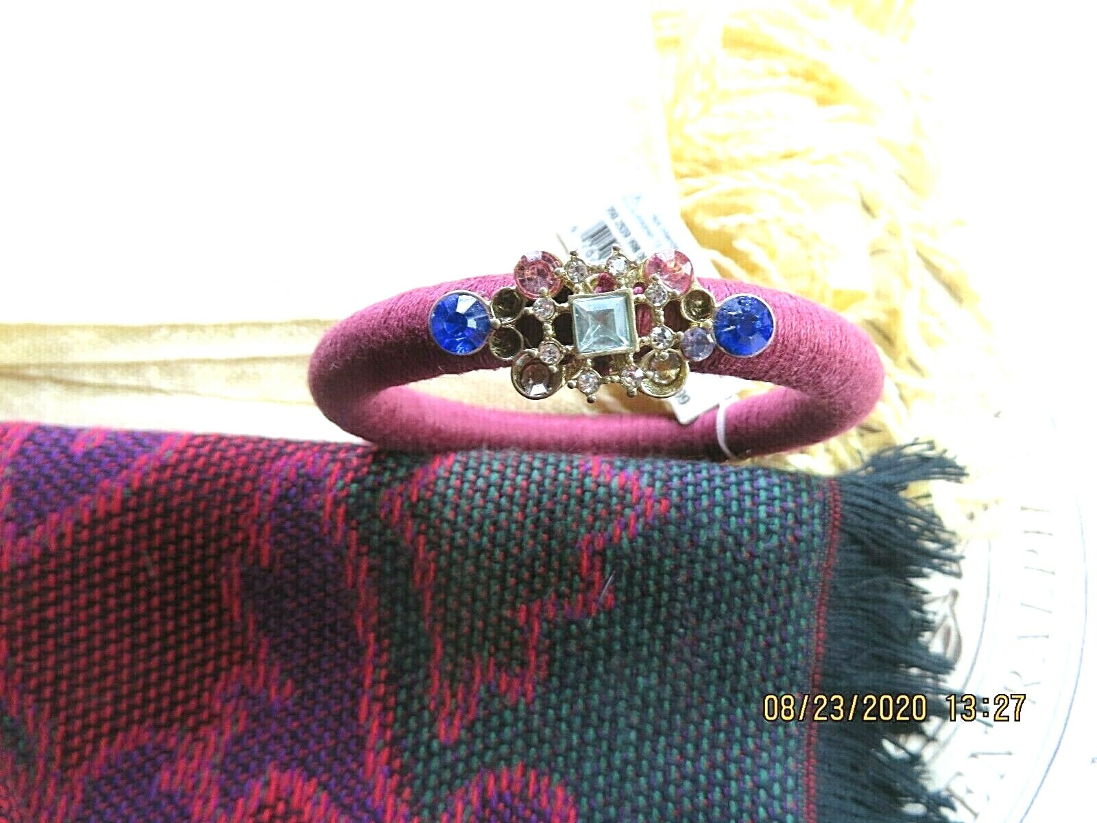 MACYS Fashion Silk Thread Wrapped Bangle Bracelet Crimson-Rose Red Beaded Center