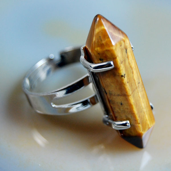Natural Gemstone Hexagonal Healing Point Reiki Chakra Prong Setting Ring 1pcs