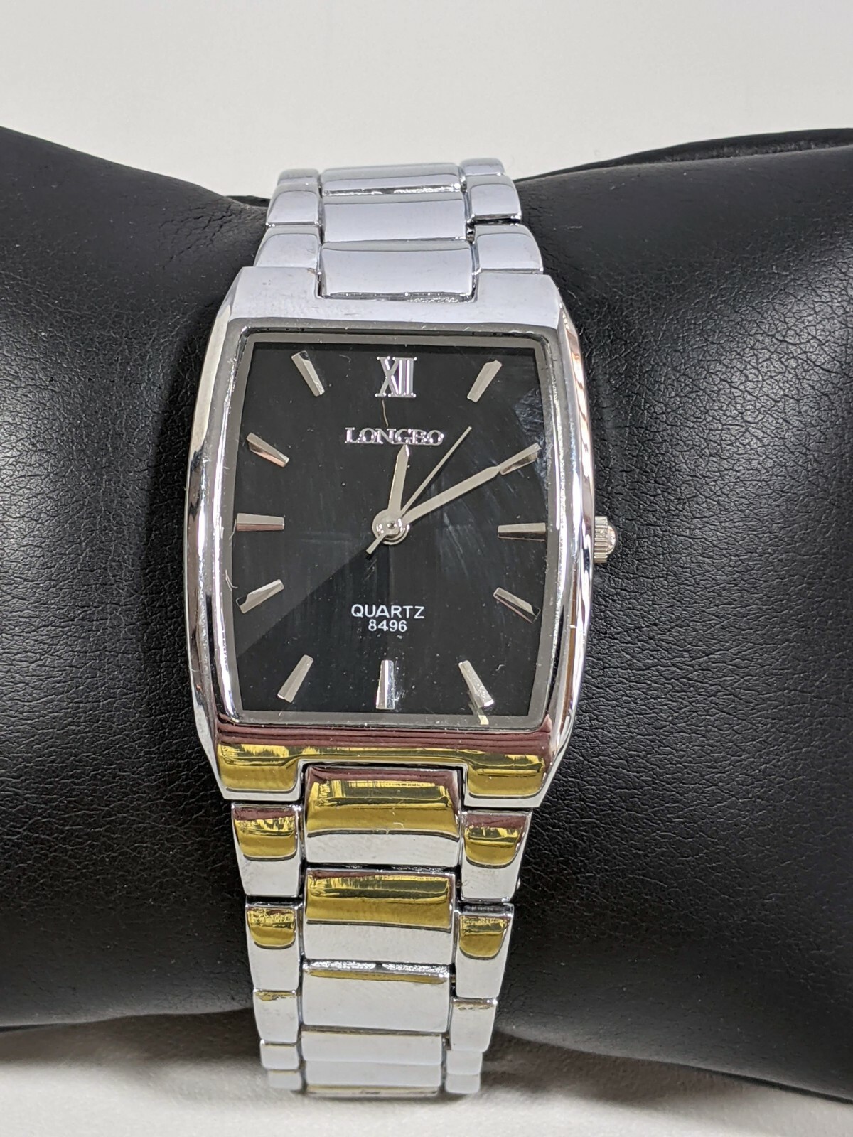 Longbo Black Dial Silver Tone Case Stainless Steel Band Watch 8.5 Inch