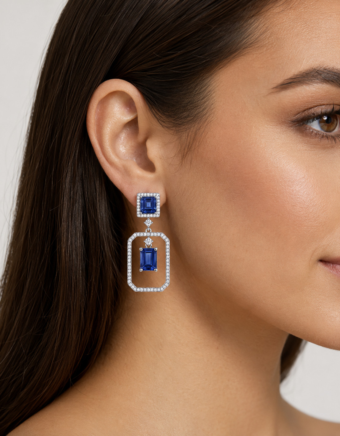 925 Sterling Silver Lab Grown Blue Sapphire Asscher Cut Moissanite Drop Earrings