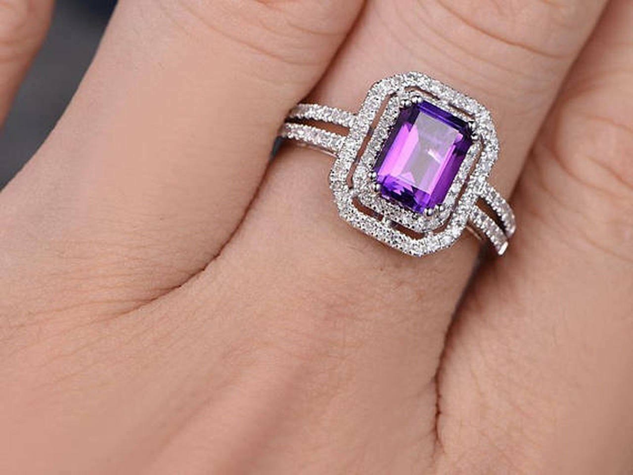 Lab-Created 2.80 Ct Emerald Cut Purple Diamond Wedding Ring 925 Sterling Silver