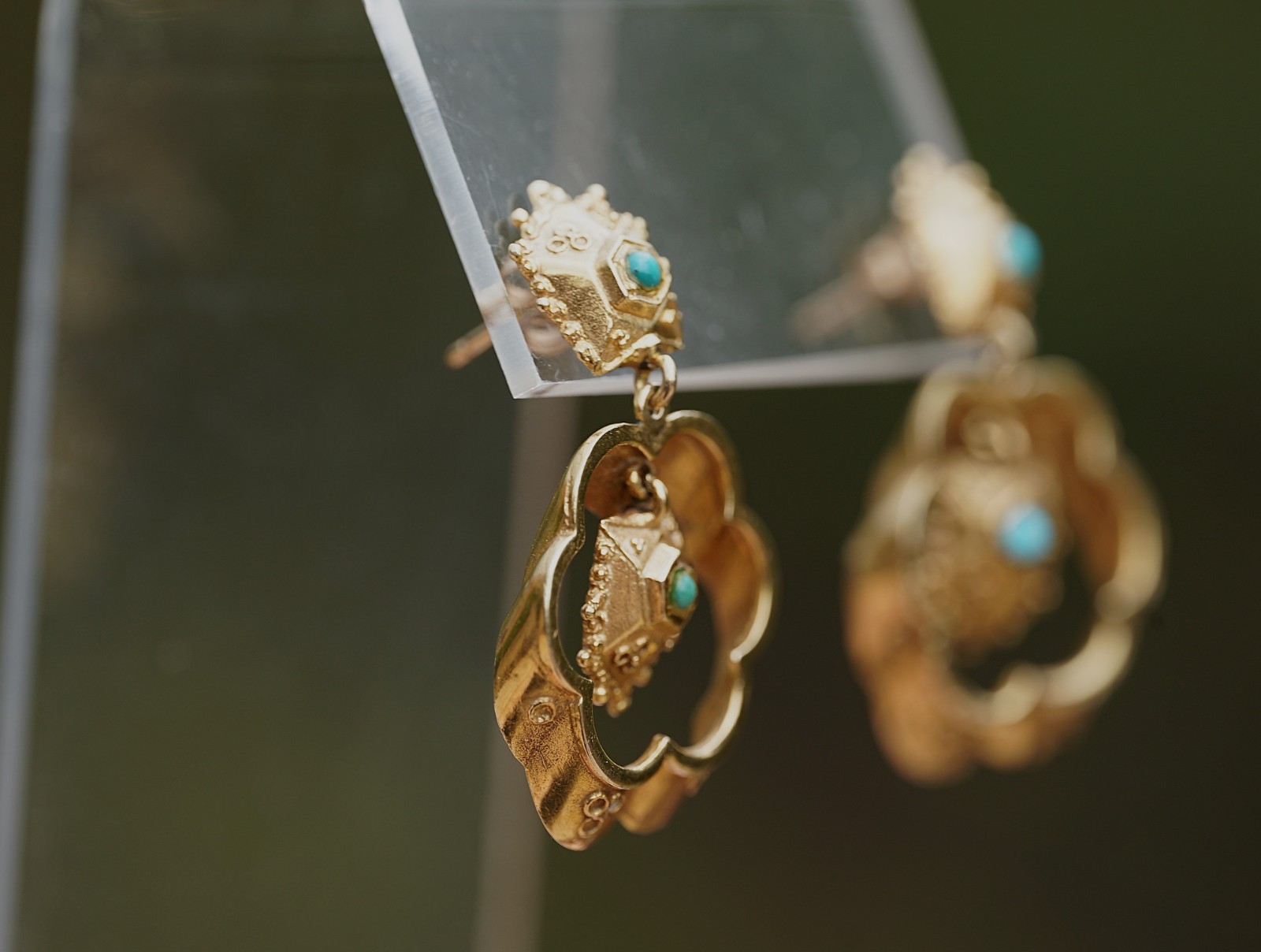 Victorian Antique 14k Solid Gold Etruscan Revival Turquoise Dangle Earrings 8.4g
