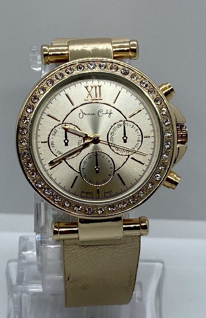 Jessica Carlyle Ladies Watch Large Gold Iced Dial New Battery Faux Chronograph