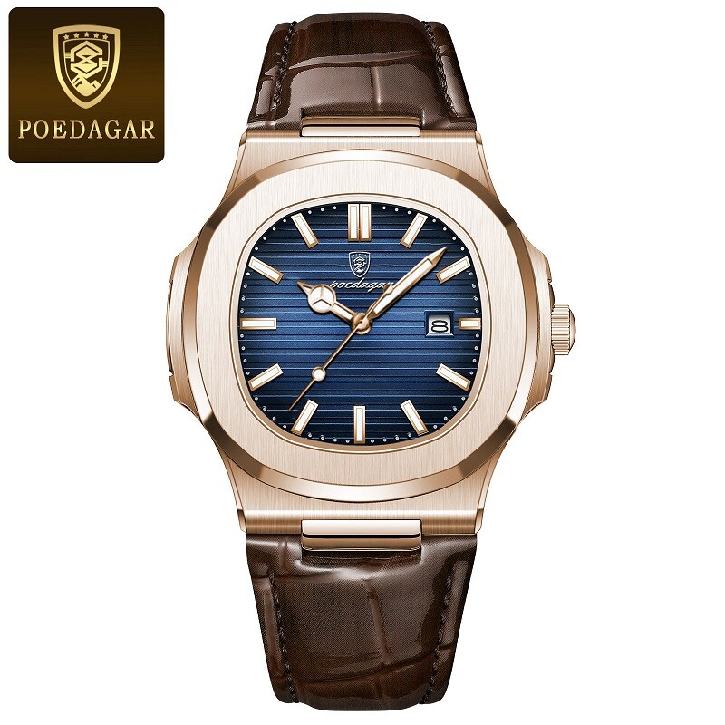 POEDAGAR Luxury Analog Men’s Watch Waterproof Luminous Leather Quartz Wristwatch